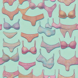 A high-quality digital art image featuring a collection of micro bikinis with various patterns and designs