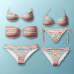 A high-quality digital art image featuring a collection of micro bikinis with various patterns and designs