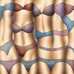 A high-quality digital art image featuring a collection of micro bikinis with various patterns and designs