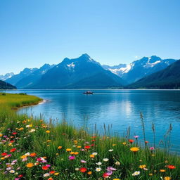 A scenic landscape featuring a tranquil lake surrounded by majestic mountains under a clear blue sky
