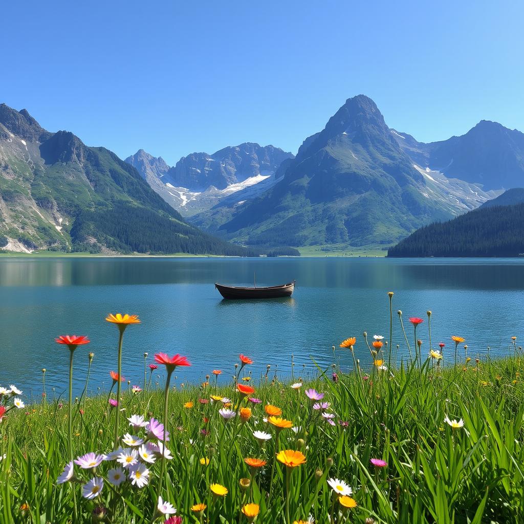 A scenic landscape featuring a tranquil lake surrounded by majestic mountains under a clear blue sky