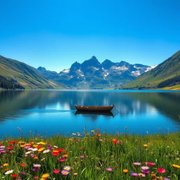 A scenic landscape featuring a tranquil lake surrounded by majestic mountains under a clear blue sky