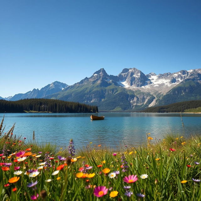 A scenic landscape featuring a tranquil lake surrounded by majestic mountains under a clear blue sky