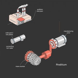 A detailed 2D diagram of a power plant connected to a manufacturing hub