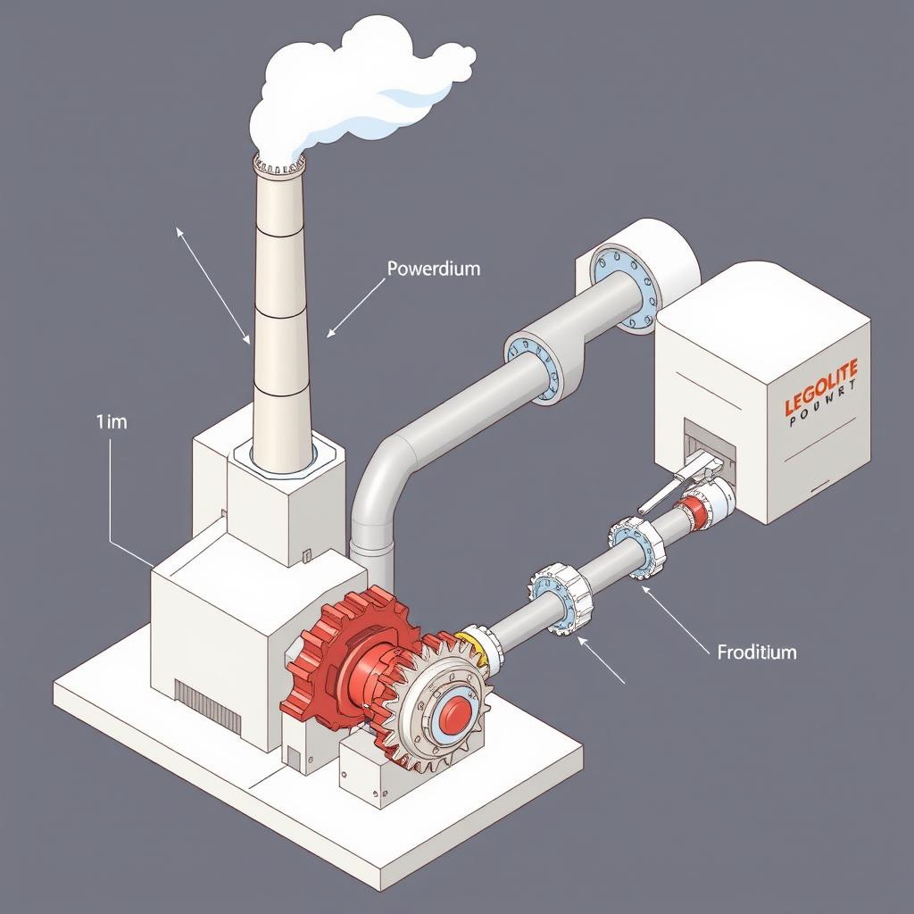 A detailed 2D diagram of a power plant connected to a manufacturing hub