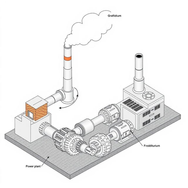 A detailed 2D diagram of a power plant connected to a manufacturing hub