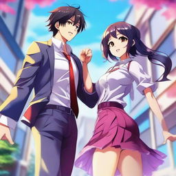 A vibrant and realistic digital anime art piece, featuring a sophisticated couple standing adjacent to each other, engaging in playful taunting