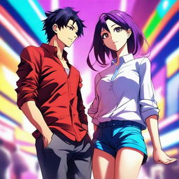 A vibrant and realistic digital anime art piece, featuring a sophisticated couple standing adjacent to each other, engaging in playful taunting