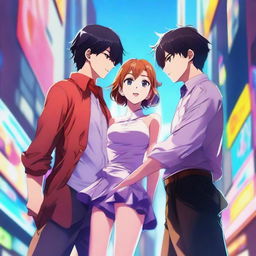 A vibrant and realistic digital anime art piece, featuring a sophisticated couple standing adjacent to each other, engaging in playful taunting