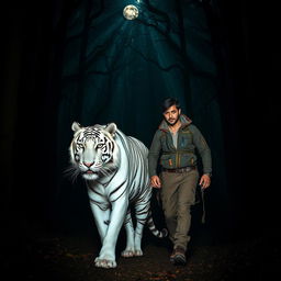 A man walking with a majestic white tiger in a dark, dense forest