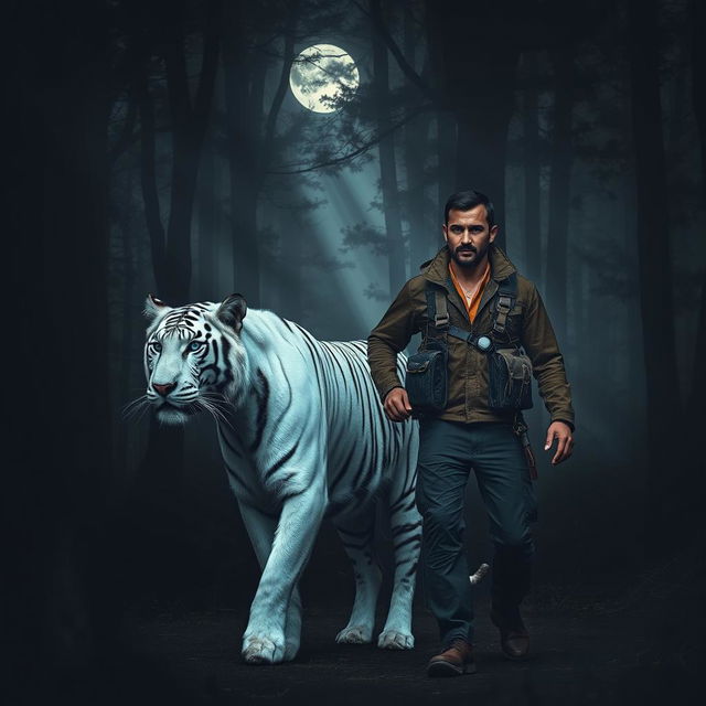 A man walking with a majestic white tiger in a dark, dense forest