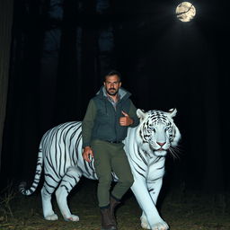 A man walking with a majestic white tiger in a dark, dense forest
