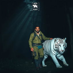 A man walking with a majestic white tiger in a dark, dense forest