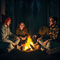 A cozy and suspenseful setting depicting four friends sitting around a campfire in a dense forest, sharing stories of survival and adventure