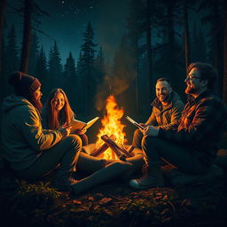 A cozy and suspenseful setting depicting four friends sitting around a campfire in a dense forest, sharing stories of survival and adventure