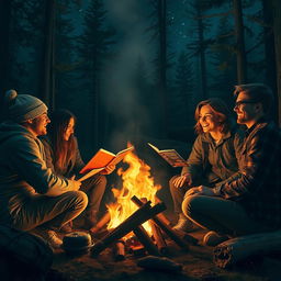 A cozy and suspenseful setting depicting four friends sitting around a campfire in a dense forest, sharing stories of survival and adventure