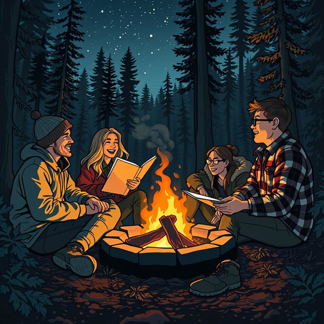 A cozy and suspenseful setting depicting four friends sitting around a campfire in a dense forest, sharing stories of survival and adventure