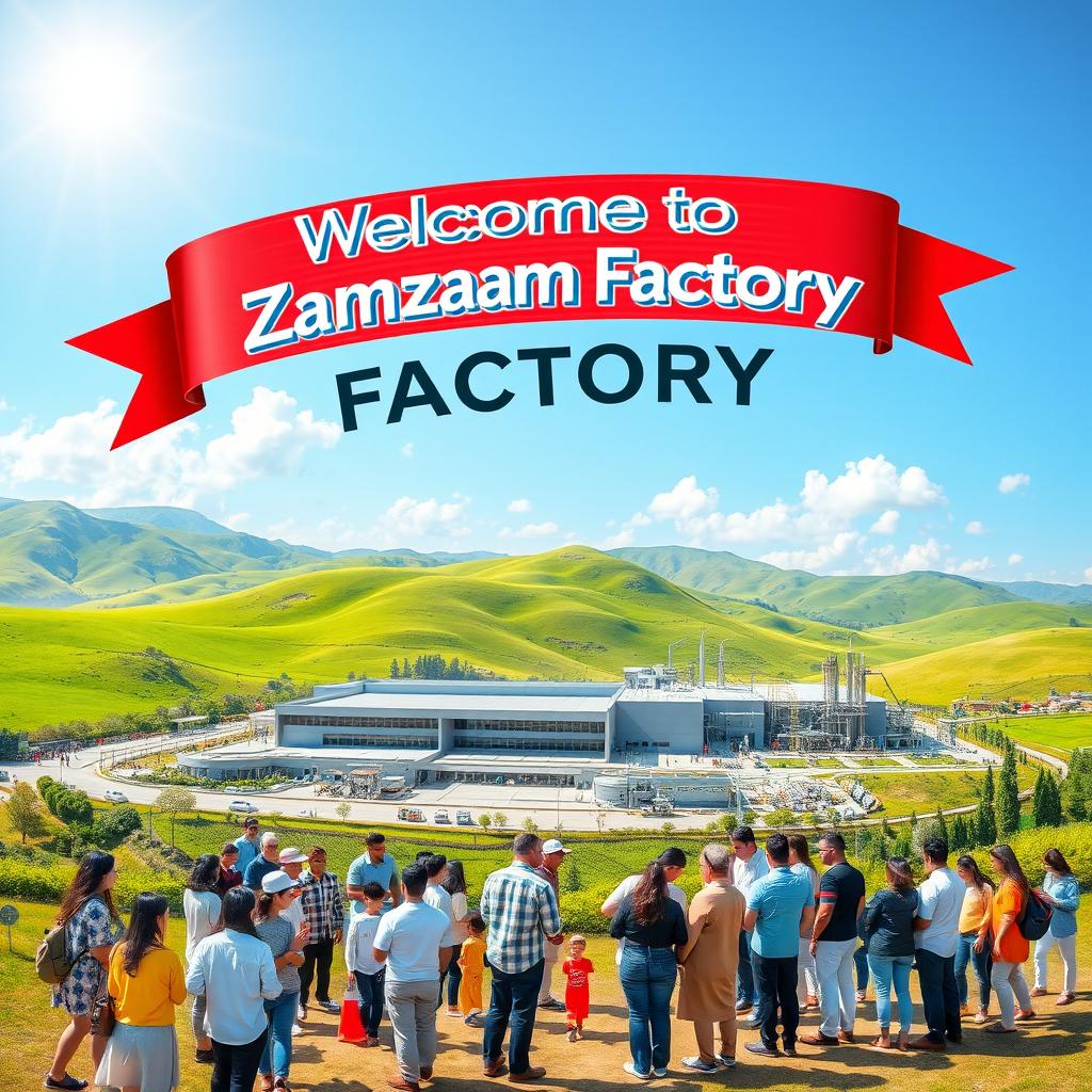 A vibrant poster showcasing a visit to the Zamzam factory in Persia