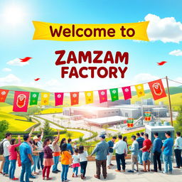 A vibrant poster showcasing a visit to the Zamzam factory in Persia