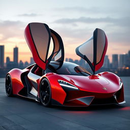 A sleek, aerodynamic, curvy futuristic sports car featuring butterfly doors
