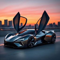 A sleek, aerodynamic, curvy futuristic sports car featuring butterfly doors
