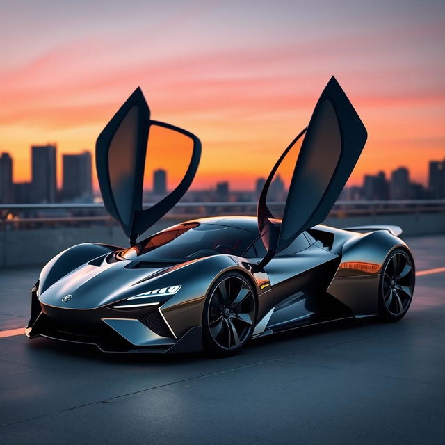 A sleek, aerodynamic, curvy futuristic sports car featuring butterfly doors