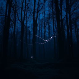 A hauntingly beautiful dark mood aesthetic scene featuring a mysterious forest at twilight, with deep, rich colors of navy blue and dark purple dominating the background