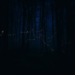 A hauntingly beautiful dark mood aesthetic scene featuring a mysterious forest at twilight, with deep, rich colors of navy blue and dark purple dominating the background