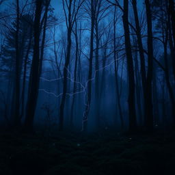 A hauntingly beautiful dark mood aesthetic scene featuring a mysterious forest at twilight, with deep, rich colors of navy blue and dark purple dominating the background