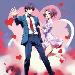 This is a detailed digital anime art piece, vividly depicting a sophisticated couple, the man in a suit and the woman in a dress, standing next to each other