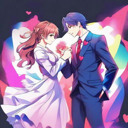 This is a detailed digital anime art piece, vividly depicting a sophisticated couple, the man in a suit and the woman in a dress, standing next to each other