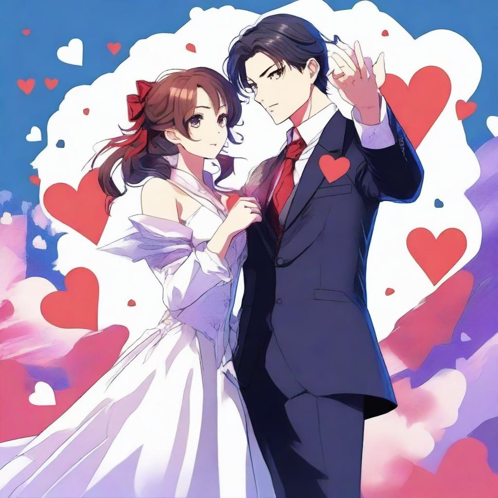 This is a detailed digital anime art piece, vividly depicting a sophisticated couple, the man in a suit and the woman in a dress, standing next to each other