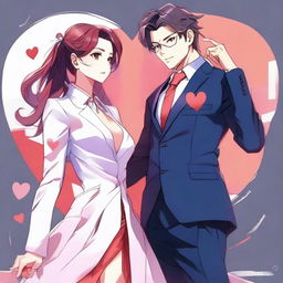 This is a detailed digital anime art piece, vividly depicting a sophisticated couple, the man in a suit and the woman in a dress, standing next to each other