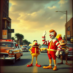 A surreal and artistic interpretation of a 1960s newsreel footage scene involving the JFK assassination, blending it with whimsical cartoon elements