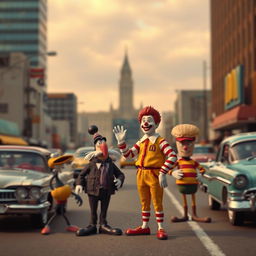 A surreal and artistic interpretation of a 1960s newsreel footage scene involving the JFK assassination, blending it with whimsical cartoon elements