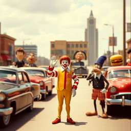 A surreal and artistic interpretation of a 1960s newsreel footage scene involving the JFK assassination, blending it with whimsical cartoon elements