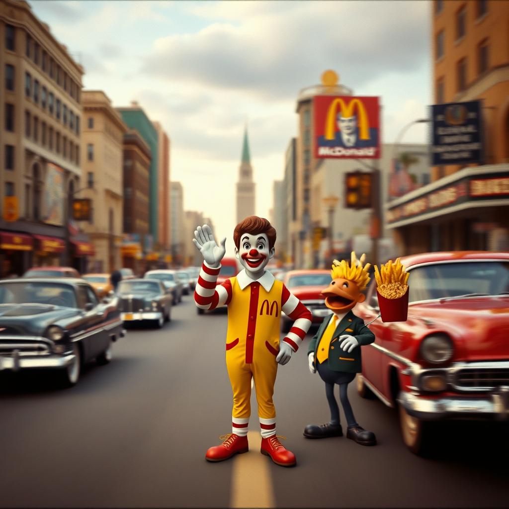 A surreal and artistic interpretation of a 1960s newsreel footage scene involving the JFK assassination, blending it with whimsical cartoon elements