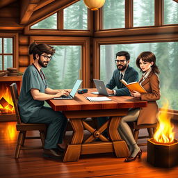 A captivating scene depicting four diverse individuals representing their unique professions: a medic in scrubs with a stethoscope, a programmer with glasses typing on a laptop, a government official in a smart suit with a briefcase, and a translator with a notebook and pen