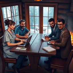 A captivating scene depicting four diverse individuals representing their unique professions: a medic in scrubs with a stethoscope, a programmer with glasses typing on a laptop, a government official in a smart suit with a briefcase, and a translator with a notebook and pen