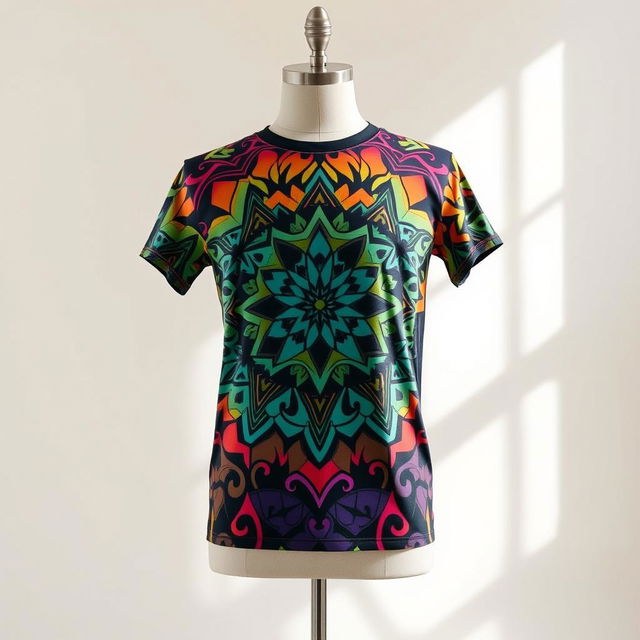 A stylish, modern t-shirt design featuring an intricate geometric pattern in vibrant colors, with a contemporary and artistic vibe