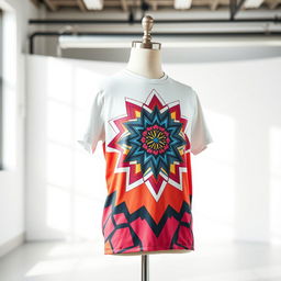 A stylish, modern t-shirt design featuring an intricate geometric pattern in vibrant colors, with a contemporary and artistic vibe