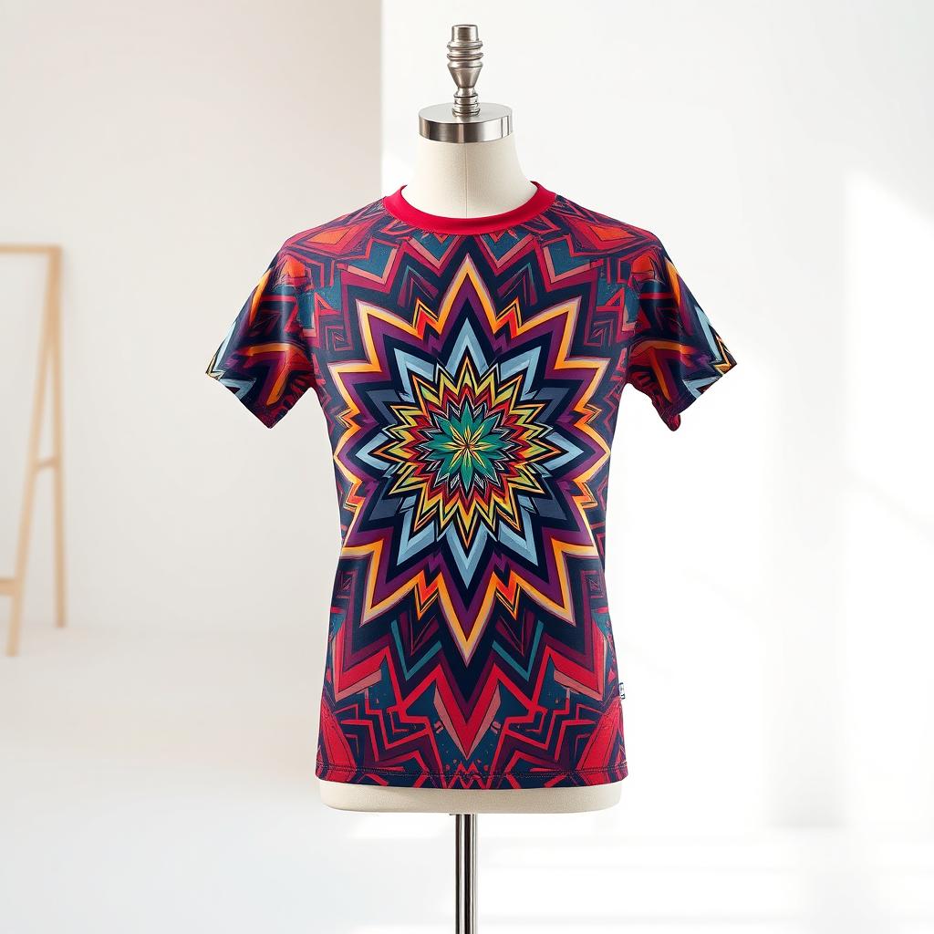 A stylish, modern t-shirt design featuring an intricate geometric pattern in vibrant colors, with a contemporary and artistic vibe