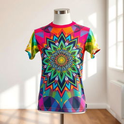 A stylish, modern t-shirt design featuring an intricate geometric pattern in vibrant colors, with a contemporary and artistic vibe