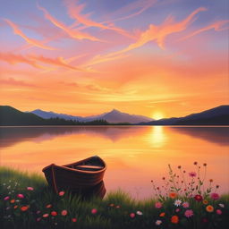 A serene landscape painting depicting a tranquil lakeside scene during sunset