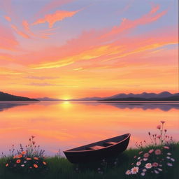 A serene landscape painting depicting a tranquil lakeside scene during sunset