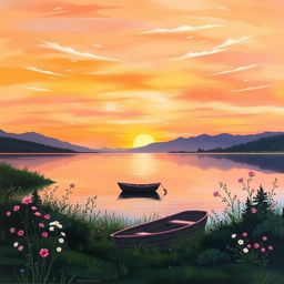 A serene landscape painting depicting a tranquil lakeside scene during sunset