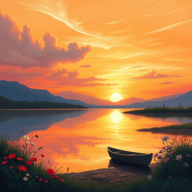 A serene landscape painting depicting a tranquil lakeside scene during sunset