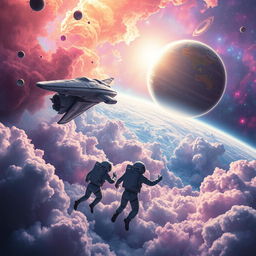 A captivating space exploration scene showcasing a futuristic spacecraft soaring through a colorful nebula filled with swirling clouds of gas and vibrant stars