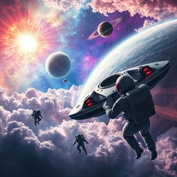 A captivating space exploration scene showcasing a futuristic spacecraft soaring through a colorful nebula filled with swirling clouds of gas and vibrant stars