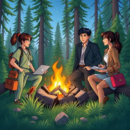 A vibrant and engaging scene that illustrates four young adults sharing a moment around a campfire in a lush forest, embodying their unique professions: a female medic in scrubs with a first aid kit, a male programmer with a laptop and coding books, a male government official in a smart blazer with a briefcase, and a female translator holding a notebook and pen